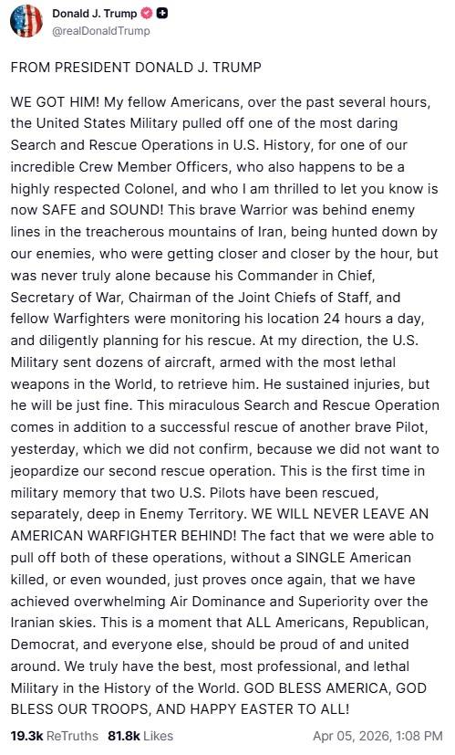 5일(현지시간) 도널드 트럼프 대통령이 자신의 소셜미디어 트루스소셜에 대이란 군사작전 도중 F-15 전투기 격추로 실종됐던 병사가 미군으로부터 구조된 사실을 알리면서 부활절을 기념한 게시글.  [엑스(X·옛 트위터) 캡처]