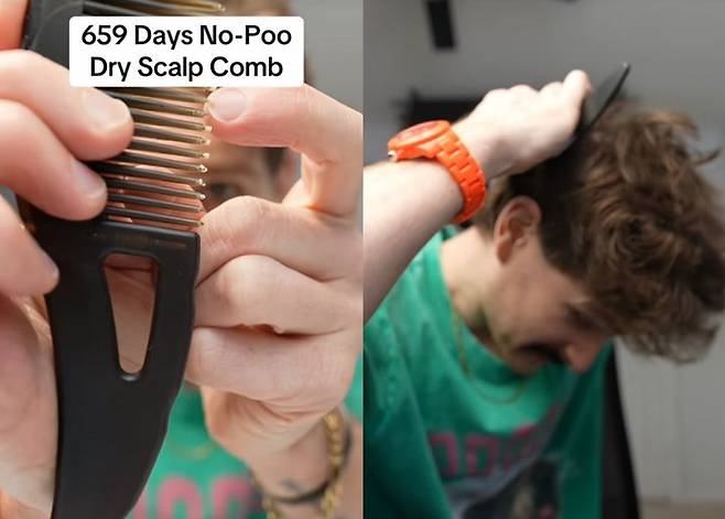 [서울=뉴시스] 샴푸를 사용하지 않고 머리를 감는, 이른바 '노푸'(No-poo) 트렌드가 오히려 두피 건강에 악영향을 미칠 수 있다는 지적이 나왔다. (사진=틱톡 갈무리) *재판매 및 DB 금지