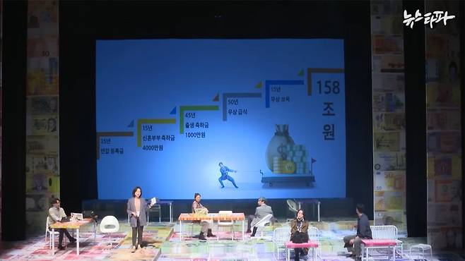 ▶ 파나마 페이퍼스 프로젝트를 소재로 한 연극 ‘자본2, 어디에나 어디에도’의 한 장면. 2022년 5월 6일, 대학로 예술극장 대극장