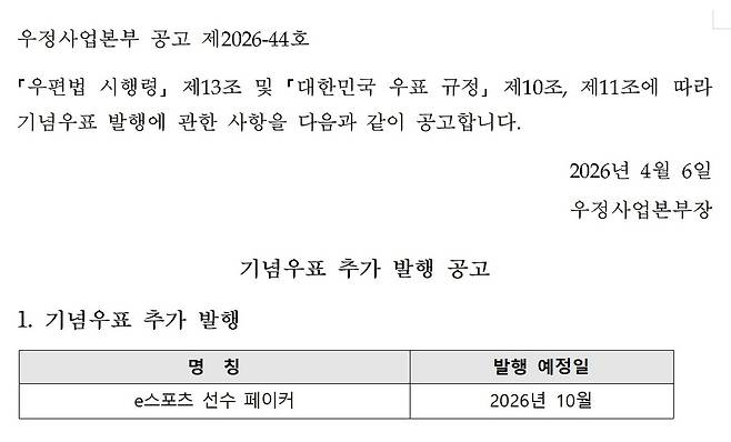우정사업본부는 ‘기념우표 추가 발행 공고’에서 ‘e스포츠 선수 페이커’ 명칭의 기념우표를 발행한다고 6일 밝혔다. 우정사업본부 제공