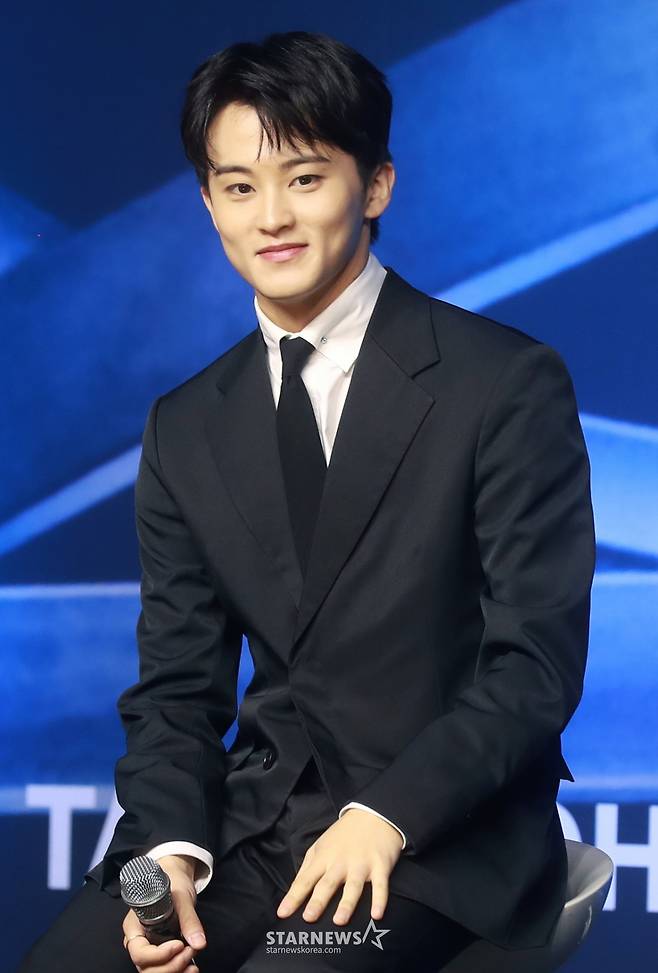 그룹 NCT 127 마크가 6일 오전 서울 여의도 콘래드호텔에서 진행된 정규 5집 '팩트 체크'(Fact Check) 발매 기자간담회에 참석해 인사말을 하고 있다. /2023.10.06 /사진=이동훈