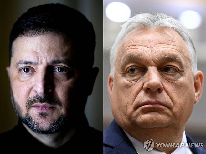 볼로디미르 젤렌스키 우크라이나 대통령(왼쪽), 오르반 빅토르 헝가리 총리 [AFP 연합뉴스 자료사진. 재판매 및 DB 금지]