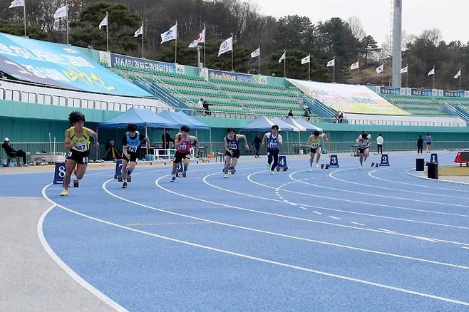 제64회 경북도민체육대회 육상 트랙 경기에서 선수들이 출발 신호와 함께 힘차게 레이스를 펼치고 있다. /안동시 제공