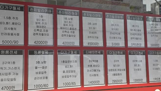 ▲서울 서대문구 북아현동 일대 공인중개업소에 게시된 빌라·다세대 매물 정보. 재개발 지연 지역을 중심으로 전세·매매 물건이 혼재된 모습이다. 사진=장혜원 기자