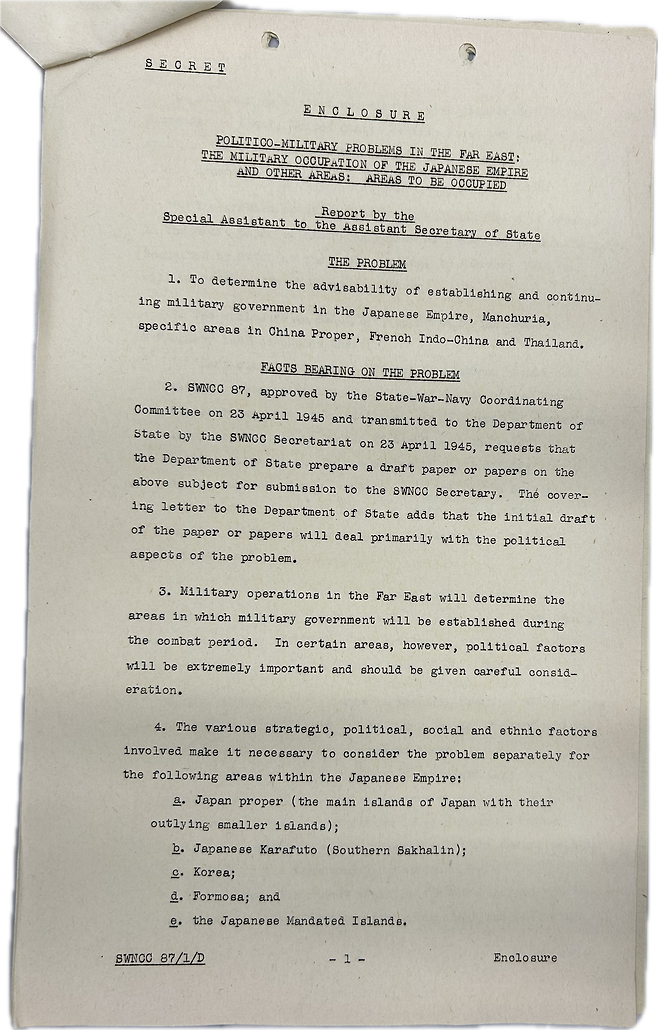 1945년 5월 23일 “한반도 점령에 정치적·사회적·민족적 요인이 심각하게 고려되어야 한다”고 작성된 미국 삼부조정위 문서. /미 국립문서보관소(NARA)