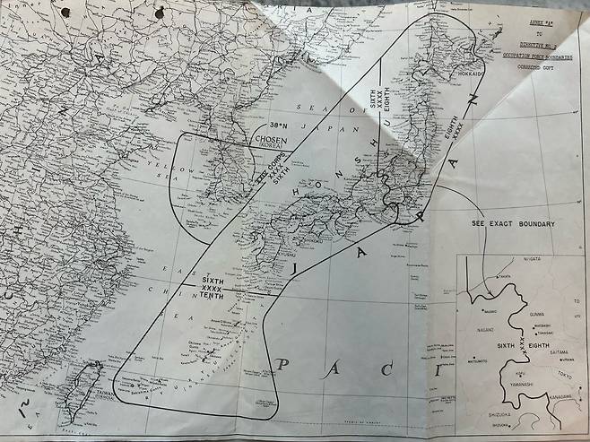 1945년 9월 9일 아베 노부유키 조선총독이 일본의 항복 문서에 조인할 때 사용된 지도. 한반도 38도선 이남 지역이 미 제24군단의 관할 구역으로 표시돼 있다. /미 국립문서보관소(NARA)