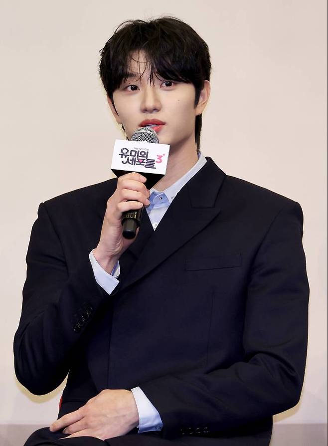 김재원이 7일 오후 서울 구로구 더링크호텔서울에서 열린 티빙 오리지널 ‘유미의 세포들3’ 제작발표회에서 기자 질문에 답하고 있다. 김민규 기자 mgkim1@edaily.co.kr /2025.04.07/