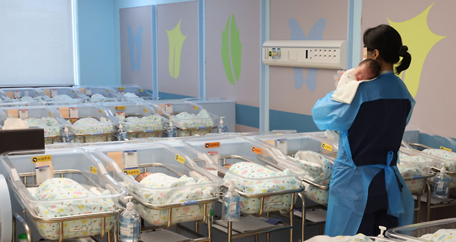 고양시 CHA의과학대학교 일산차병원 신생아실에서 간호사가 신생아들을 돌보고 있다. [이승환 기자]