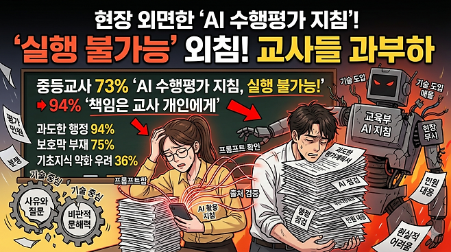 전국 중등교사 10명 중 7명 이상이 교육부의 인공지능(AI)활용 수행평가 지침이 학교 현장에서 실질적으로 불가능하다고 인식한다는 설문조사 결과가 나왔다. 사진은 기사를 분석해 AI가 제작한 그림. [제미나이로 제작]