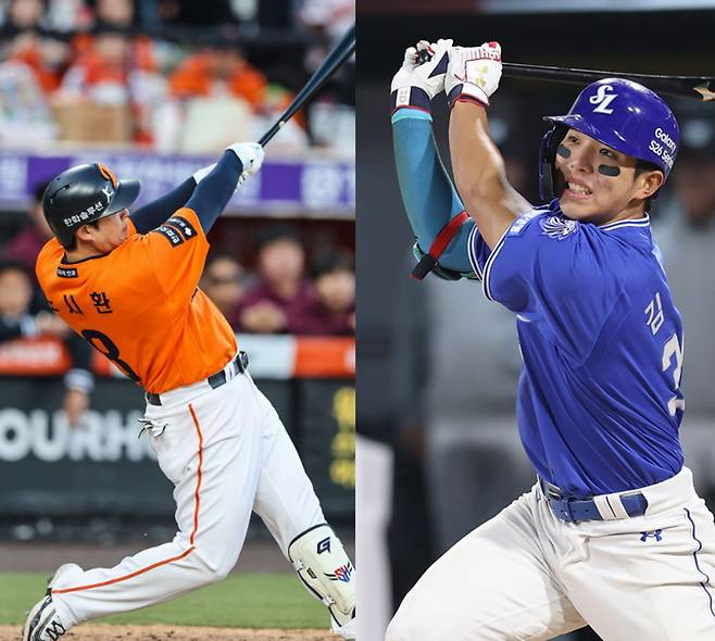 한화 노시환(왼쪽), 삼성 김영웅. 구단 제공