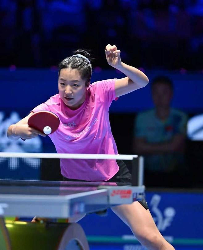 여자 월드컵에 나선 신유빈의 경기 장면 [ITTF 홈피 캡처. 재판매 및 DB 금지]