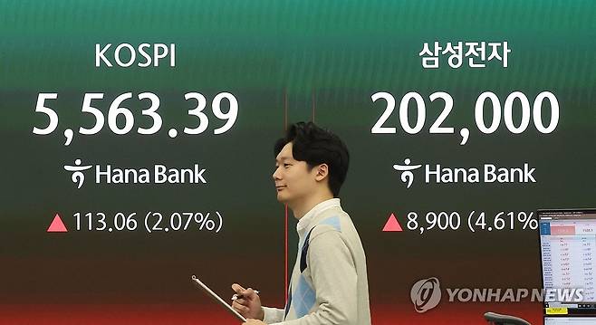 삼성전자, 1분기 매출 역대 최대 실적…주가 상승하나 (서울=연합뉴스) 임화영 기자 = 삼성전자가 올해 1분기 매출 133조원과 영업이익 57조2천억원을 기록한 7일 서울 중구 하나은행 딜링룸 현황판에 삼성전자 주가와 코스피가 표시되고 있다.
    분기 기준 역대 최대 실적은 물론, 2018년 58조8천900억원을 기록한 연간 최대 영업이익과 비슷한 성과를 단 1분기 만에 이뤄냈다.
    업계에서는 반도체 사업에서만 약 50조원의 영업이익을 낸 것으로 보고 있다. 2026.4.7 hwayoung7@yna.co.kr