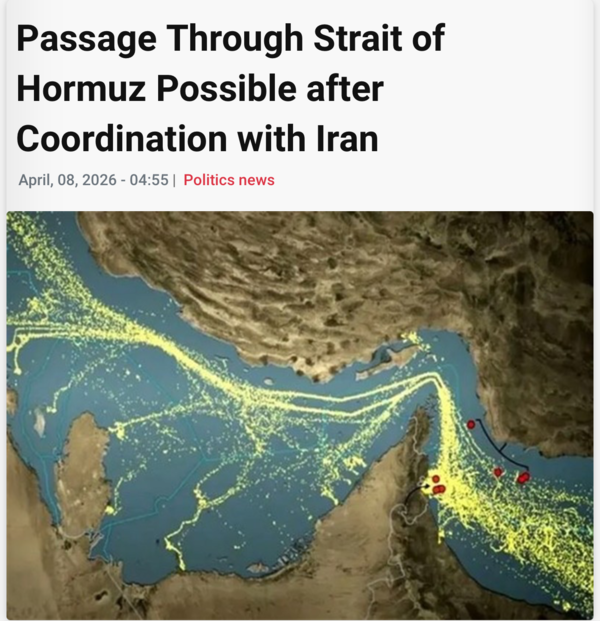 이란 혁명수비대(IRGC) 관련 타스님 통신은 8일 도널드 트럼프 미국 대통령의 "2주 휴전' 발표 이후 "호르무즈 해협은 이란과의 협의 이후 통행이 가능하다"란 제목의 기사를 내보냈다. 2026. 04. 08 [타스님 통신 캡처] 시민언론 민들레