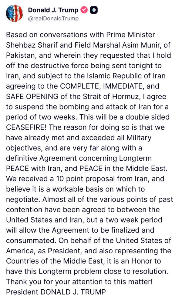 도널드 트럼프 미국 대통령이 7일 대이란 군사 작전 개시 직전 2주 연기를 발표했다. 2026. 04. 07 [트럼프 트루스 소셜 계정] 시민언론 민들레.&nbsp;