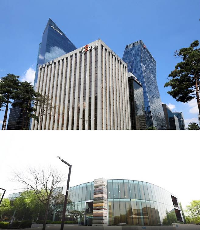 교원그룹 을지로 본사(위)와 웅진씽크빅 청계사옥. (사진=각사)