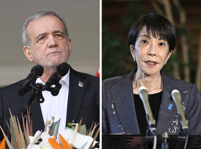 왼쪽부터 마수드 페제시키안 이란 대통령, 다카이치 사나에 일본 총리대신.[신화·로이터 연합뉴스 사진 갈무리]