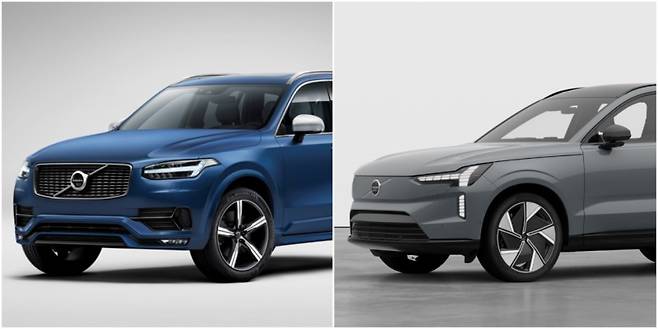 2017년형 볼보 XC90(왼쪽) 가솔린 T6, 2026년형 볼보 EX90(오른쪽) 전동화 모델 사진=볼보자동차