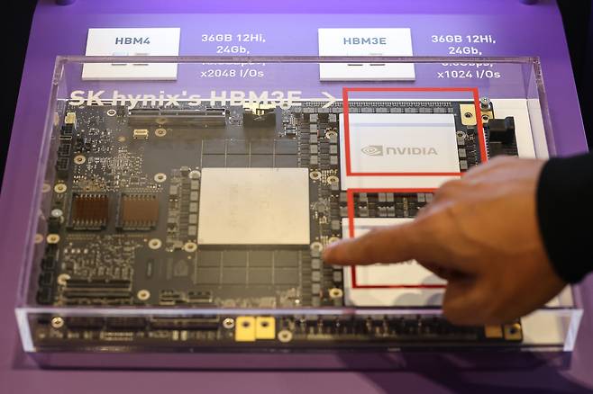 High-bandwidth memory HBM3E by SK hynix is on display at the SK AI Summit 2025 exhibition held at Coex in Gangnam District, southern Seoul, on Nov. 3, 2025. [YONHAP]