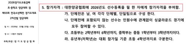 경기도양궁협회가 사전에 배포한 2026 경기도교육감배 초·중학교 양궁대회 겸 제55회 전국소년체전 경기도 대표 2차 선발전 요강에는 ‘등록 신청 중인 선수는 출전할 수 없다’고 명시돼 있다.