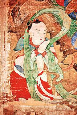 보물 제1332호 ‘여수 흥국사 수월관음도’. 화엄경의 구도자 선재동자가 진리를 깨닫기 위해 28번째 선지식인 관세음보살을 찾아가 가르침을 구하는 장면을 묘사한다. 조선 시대 불화의 특징인 정면을 응시하는 관음보살과 그 발치에서 합장하며 법을 청하는 어린 선재동자의 모습이 인상적이다. 물에 비친 달처럼 덧없는 세상에서 진리를 갈구하는 간절한 구도심을 담고 있다. 출처: 불교신문 (https://www.ibulgyo.com)