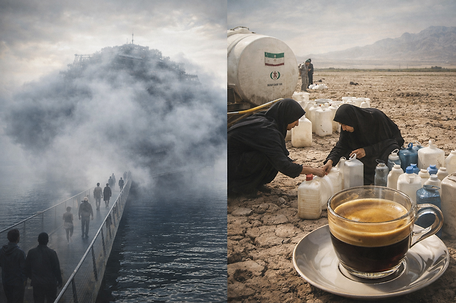 바닷가애서 폭풍우가 치는 모습과 사막에서 급수차로 물을 공급받는 모습을 각각 그린 AI 이미지.