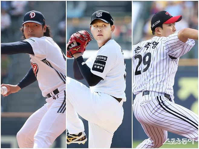 한국 야구대표팀의 WBC 8강 진출에 기여한 두산 곽빈, KT 소형준, LG 손주영(왼쪽부터)이 예년의 기량을 되찾을지 관심이 쏠린다. 사진제공|두산 베어스·KT 위즈·LG 트윈스