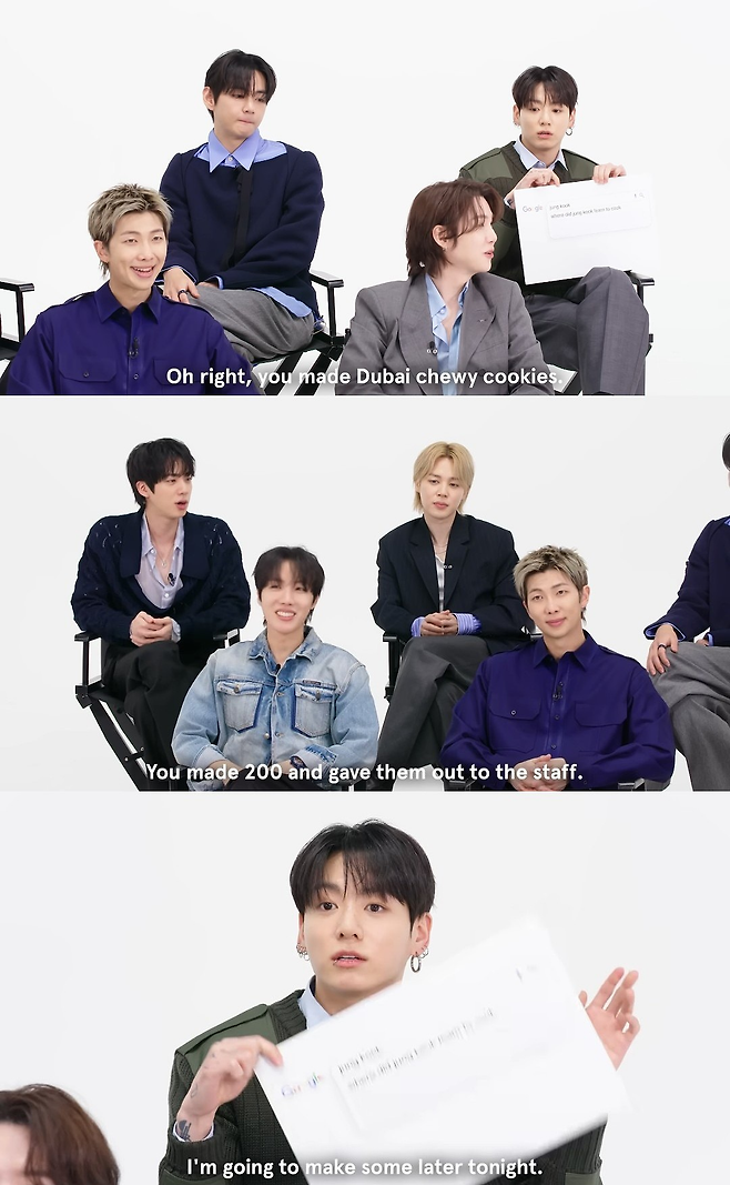 BTS 멤버들이 정국이 스태프를 위해 두쫀쿠 200개를 만들어 제공한 얘기를 하고 있다. 와이어드 캡처