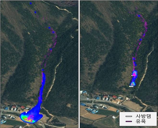 ▲ 사방댐 설치에 의한 토석류 및 유목 거동 피해 저감 모의 예시