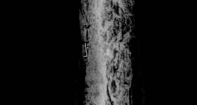최신 CT와 디지털 X선 분석을 통해 밝혀낸 금상감명문대도의 금실 흔적./국립김해박물관/