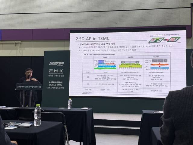 김기남 성균관대 정보통신대학 교수가 9일 서울 코엑스에서 열린 ‘첨단패키징 기술혁신 심포지엄’에서 발표하고 있다. 정수연 기자