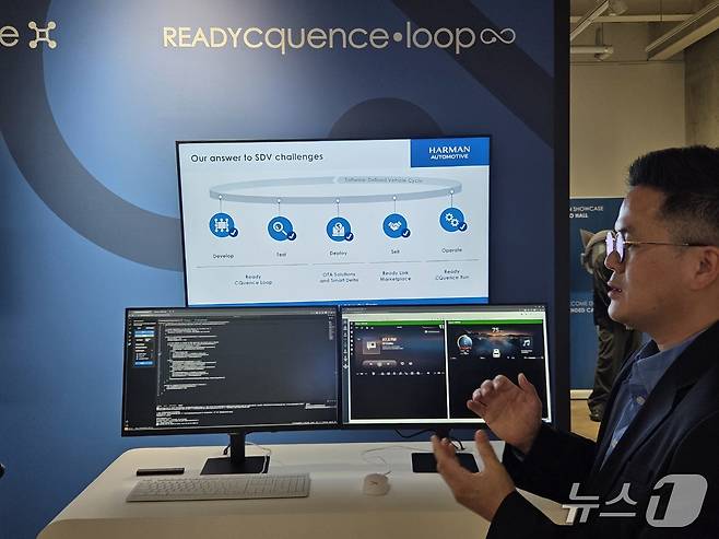 삼성전자·하만 관계자가 차량 앱스토어 개발자를 위한 '하만 레디 시퀀스 루프'를 소개하고 있다.2026. 4. 8/뉴스1 황진중 기자
