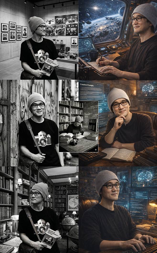 소설가 장강명의 얼굴 사진과 이번 인터뷰 내용을 주고 이미지 생성 모델 나노 바나나에게 사진을 만들어달라 요청했다. 큰 사진은 이 작업의 전문가인 사진부 장련성 기자, 작은 사진은 아마추어인 취재 기자의 작업 결과다. AI가 쓴 소설은 인간 작가가 쓴 작품을 어느 정도까지 대체할 수 있을까.