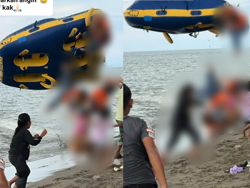 인도네시아 해변에서 운전 미숙으로 백사장에 돌진한 ‘도넛 보트’ 탑승객들이 공중으로 튕겨 나가 아이들을 덮치는 사고가 발생해 전원 부상을 입었다. 사진=틱톡(@esztycomell)