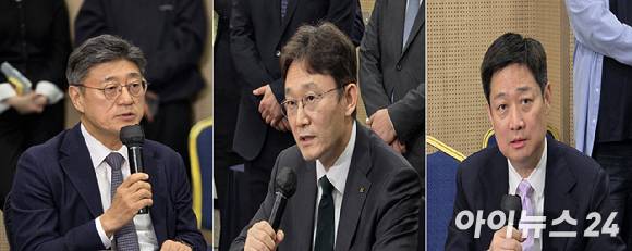 이동통신 3사 대표가 9일 오후 서울 강남구 과학기술회관에서 열린 배경훈 부총리 겸 과학기술정보통신부 장관과의 간담회에서 모두발언하고 있다. 사진은 왼쪽부터 정재헌 SK텔레콤 대표, 박윤영 KT 대표, 홍범식 LG유플러스 대표. [사진=안세준 기자]