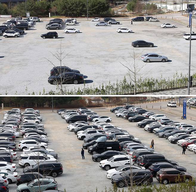 공공기관 차량 2부제가 시작된 8일 정부세종청사 인근 임시 옥외 주차장이 한산한 모습을 보이고 있다(위 사진). 아래 사진은 지난달 25일 5부제 시행 당시 차량이 가득 찬 모습. [뉴시스]