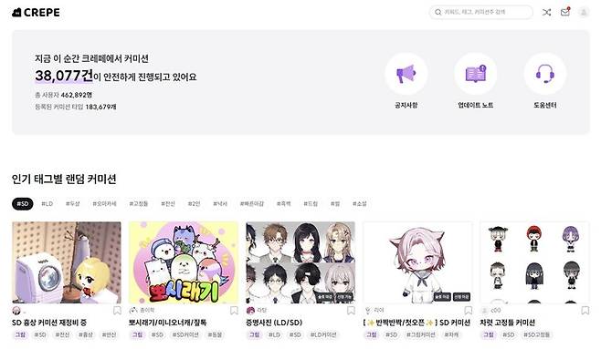 온라인 커미션 거래 플랫폼 크레페. 주 이용자 층은 1020세대 여성들이다. 사진 크레페 캡처