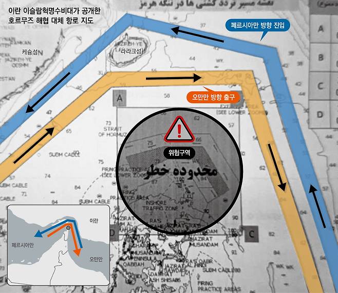 이란 이슬람혁명수비대가 8일(현지시간) 공개한 호르무즈 해협의 대체 항로 지도. 혁명수비대는 호르무즈에 기뢰가 부설될 가능성에 대비해 이곳을 지나려는 모든 선박은 대체 항로를 이용하라고 발표했다. 호르무즈에 진입하는 선박은 오만만에서 라라크섬 북쪽을 지나 페르시아만으로, 아라비아해로 나가려는 선박은 페르시아만에서 라라크섬 남쪽을 지나 오만만 방향으로 진행해야 한다. 누르뉴스 홈페이지 갈무리