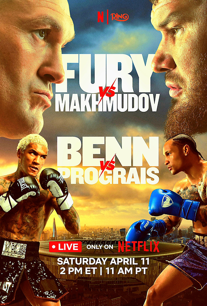 타이슨 루크 퓨리와 아르슬란베크 루슬라노비치 마흐무도프의 헤비급 메인이벤트 및 코너 나이절 벤과 리지스 프로그레이의 웰터급 코-메인이벤트를 내세운 영국 런던 토트넘 홋스퍼 스타디움 프로복싱 4경기가 세계 최대 OTT 서비스 ‘넷플릭스’로 글로벌 생중계된다. 사진=Netflix