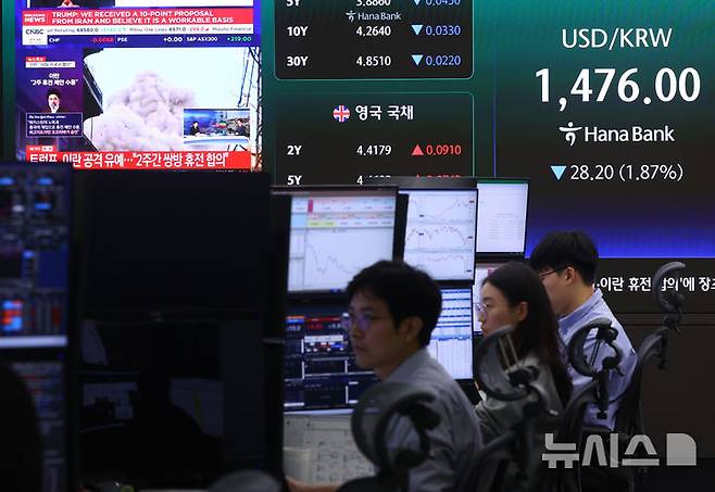 [서울=뉴시스] 황준선 기자 = 미국과 이란이 2주간 휴전에 사실상 합의한 지난 8일 오전 서울 중구 하나은행 딜링룸에 원·달러 환율과 관련 보도가 송출되고 있다. 2026.04.08. hwang@newsis.com