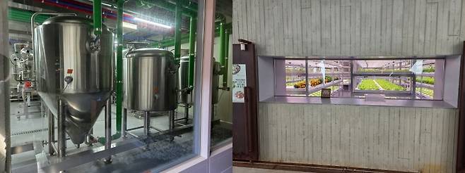 ▲박봉담 양측에 난 창을 통해 볼 수 있는 맥주 양조장(왼쪽)과 스마트팜(오른쪽) 사진=송민규 기자