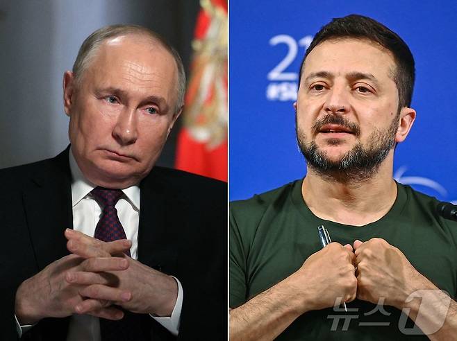 2024년 3월 12일 모스크바 크렘린에서 RIA 노보스티 통신사와 인터뷰 중인 러시아 대통령 블라디미르 푸틴의 모습과, 2024년 6월 2일 싱가포르 샹그릴라 호텔에서 열린 제21회 샹그릴라 대화 정상회의에 참석한 우크라이나 대통령 볼로디미르 젤렌스키의 모습. ⓒ AFP=뉴스1