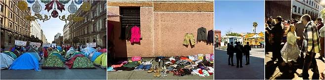 (좌로부터)소칼로 광장 한편에 자리잡은 시위대 모습, 멕시코시티 도심에서 흔히 볼 수 있는 길거리 벼룩시장, 마리아치 음악이 울려 퍼지는 가리발디 광장, 남녀노소 한데 어울려 거리에서 춤을 추는 사람들