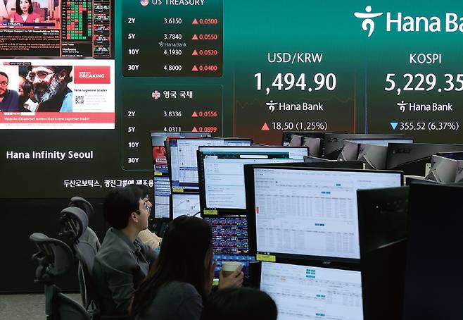 3월 9일 서울 중구 하나은행 딜링룸 전광판. /사진 뉴스1