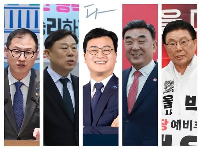 왼쪽부터 김상욱 더불어민주당 의원, 김종훈 전 의원(진보당), 황명필 조국혁신당 울산시당위원장, 김두겸 울산시장(국민의힘), 박맹우 전 울산시장(무소속). 연합뉴스·진보당·황 위원장 페이스북·연합뉴스·울산시의회 제공