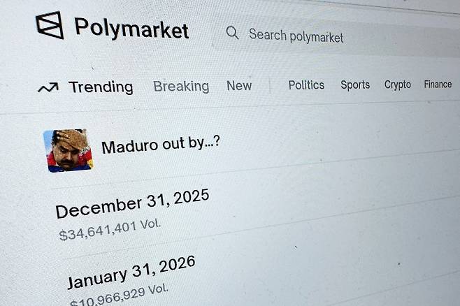 The online prediction market Polymarket website is displayed on a computer screen on Jan. 11. [AP/YONHAP]