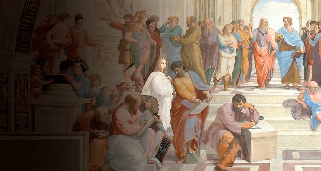 라파엘로의 대작 '아테네 학당'에서 15세기 철학자 피코 델라미란돌라로 추정되는 인물. 그는 인간의 자유의지와 사상의 통합을 주장했다.  Wikimedia Commons