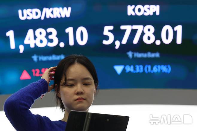 [서울=뉴시스] 권창회 기자 = 9일 오후 서울 중구 하나은행 딜링룸에서 딜러들이 업무를 보고 있다.코스피가 전 거래일보다 94.33포인트(1.61%) 하락한 5778.01에 마감했다. 코스닥 지수는 전 거래일보다 13.85포인트(1.27%) 내린 1076.00, 원·달러 환율은 전 거래일보다 11.9원 오른 1482.5원에 마감했다. 2026.04.09. kch0523@newsis.com
