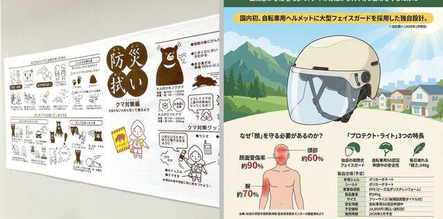 (왼쪽부터) 곰의 습성과 대처법을 그림으로 담은 손수건, 페이스 가드 헬멧. 각 업체 누리집