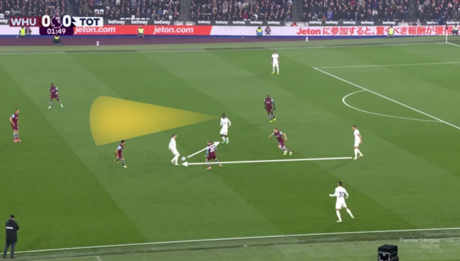 [사진] 이 장면은 포스테코글루 감독이 데 제르비와 비슷하게 활용했던 패턴을 보여준다. 수비수 가까이에 좁게 자리한 미드필더들이 중앙에서 패스를 받는 모습에 주목할 필요가 있다. 이 상황에서 제임스 매디슨은 몸을 전방으로 향한 동료에게 공을 연결했다. / BBC