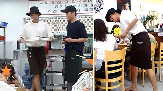 인지도 정점의 시기에도 부모님의 칼국수 집 서빙을 자처했던 강하늘. 수수한 차림으로 일손을 돕는 모습이 팬들에 의해 포착됐다. 인터넷 커뮤니티